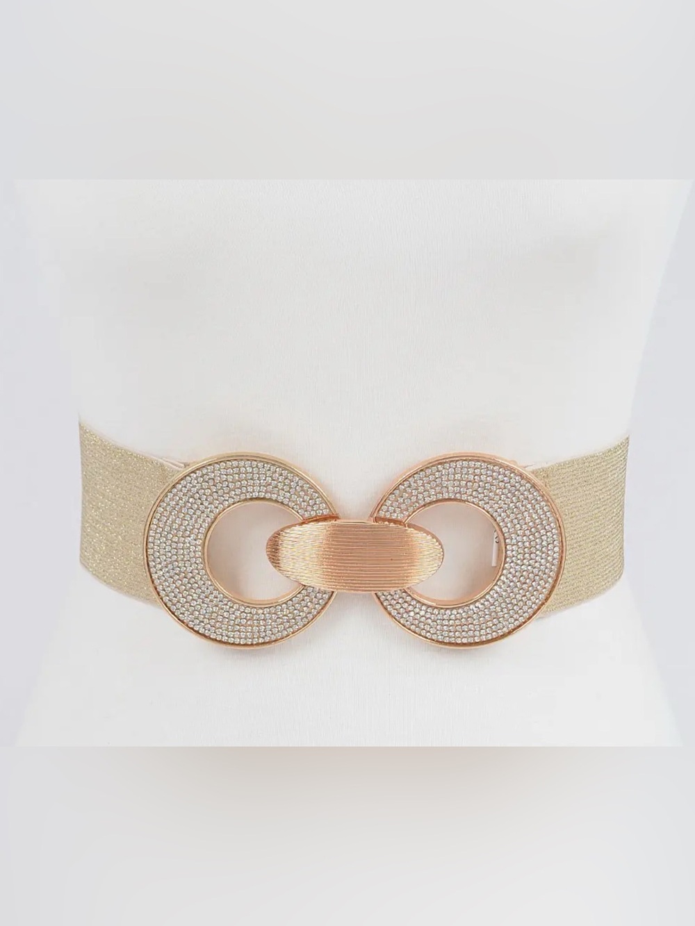 Gold Elastic Waist Belt with Rhinestone Interlocking Circles